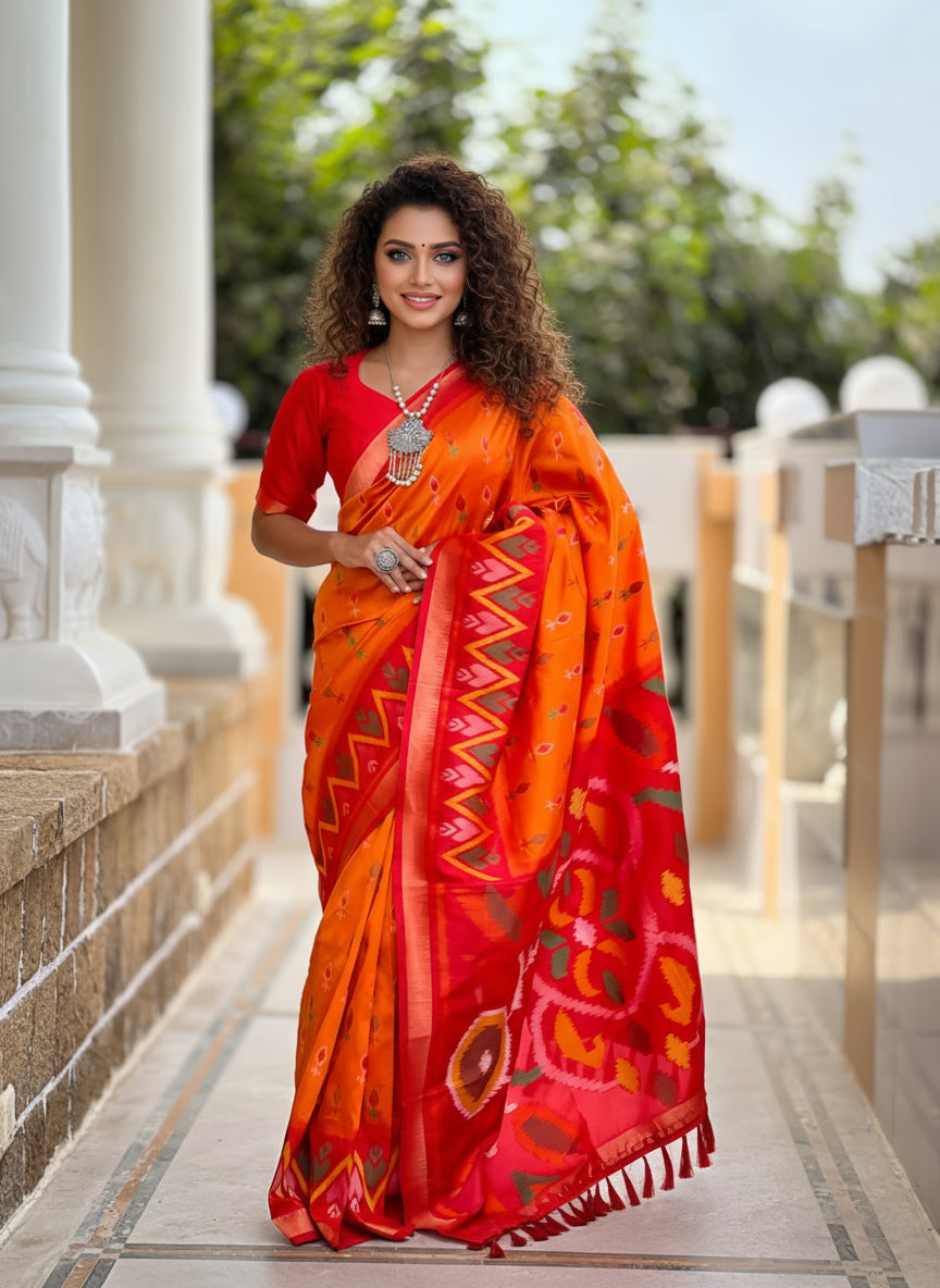 Stunning Bright Ikat Style Silk Saree