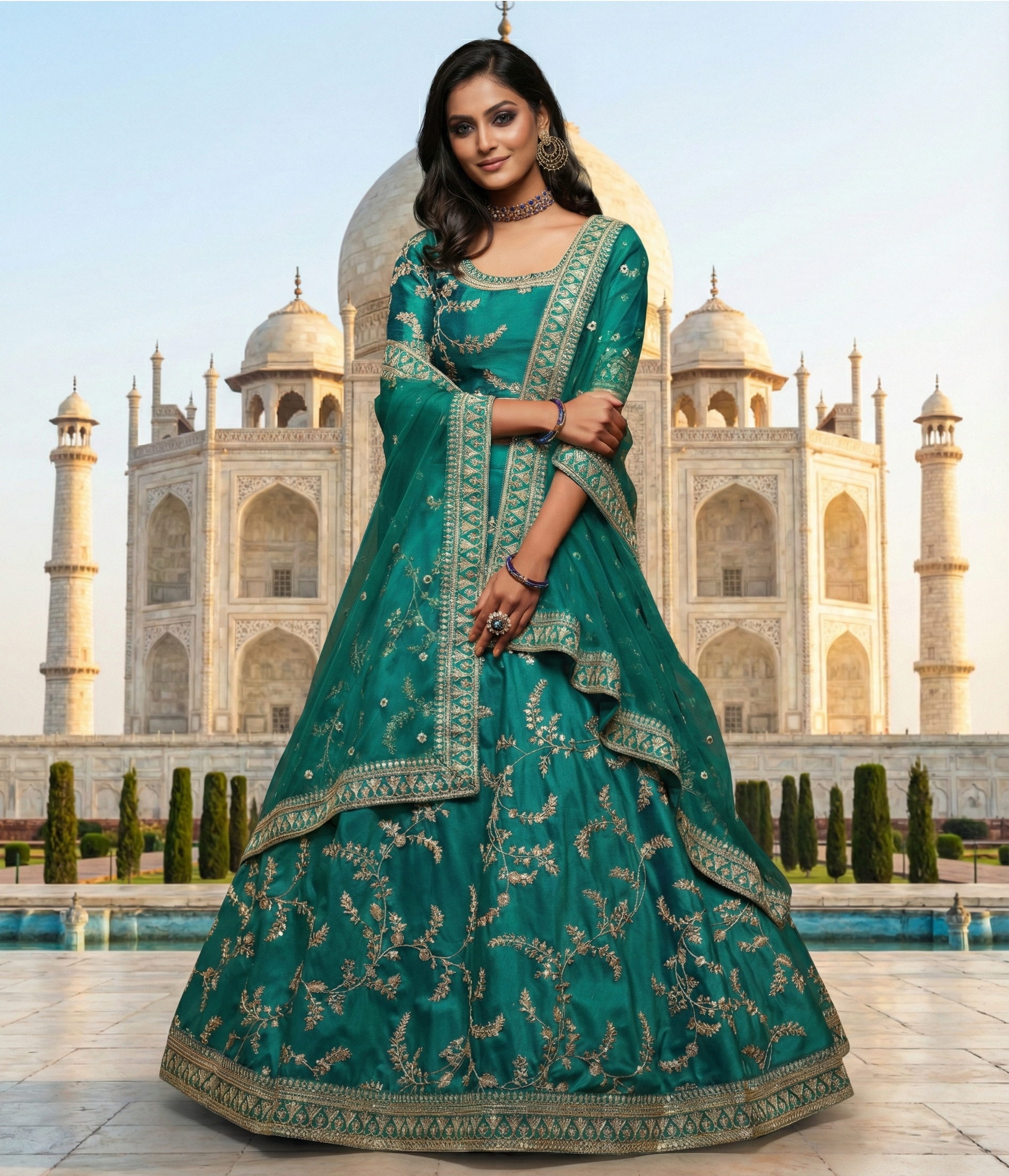 Green Thread Embroidered Silk Wedding Lehenga