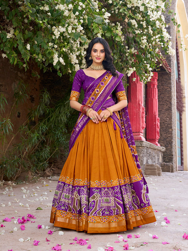 Mustard Color Patola Printed Tussar Silk Lehenga Choli - Image 3
