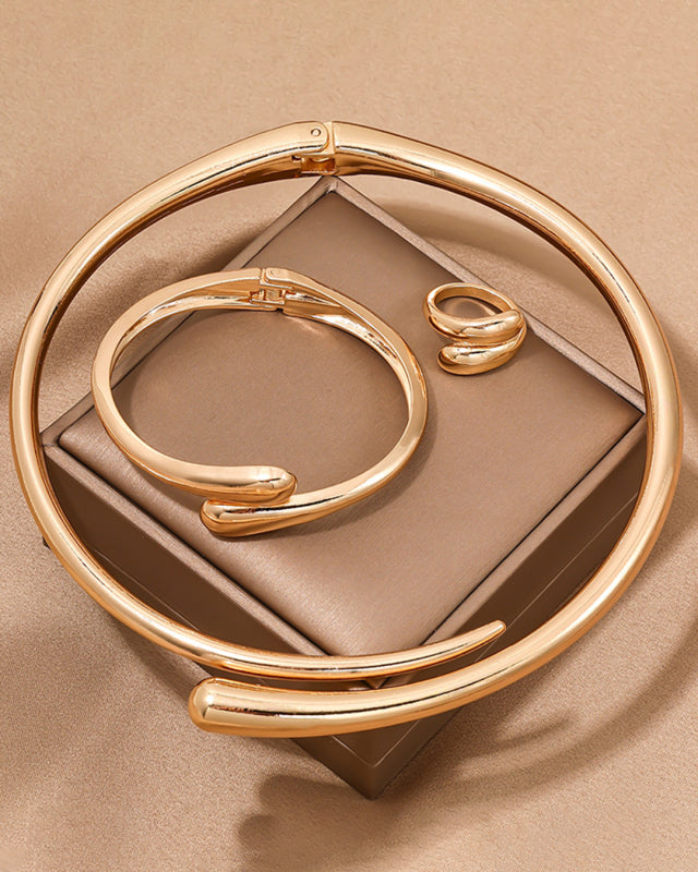 Women's Fashionable and simple heavy metal temperament geometric ring smooth female collar bracelet ring jewelry three-piece set