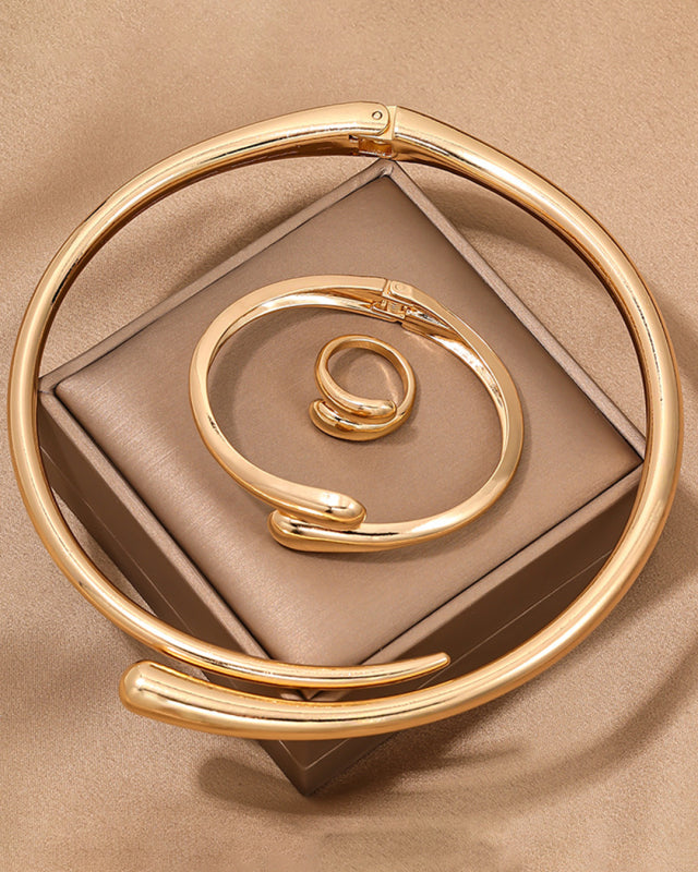 Women's Fashionable and simple heavy metal temperament geometric ring smooth female collar bracelet ring jewelry three-piece set
