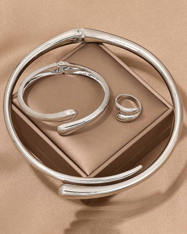 Women's Fashionable and simple heavy metal temperament geometric ring smooth female collar bracelet ring jewelry three-piece set