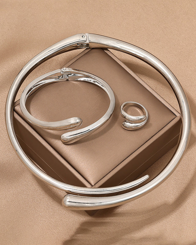 Women's Fashionable and simple heavy metal temperament geometric ring smooth female collar bracelet ring jewelry three-piece set