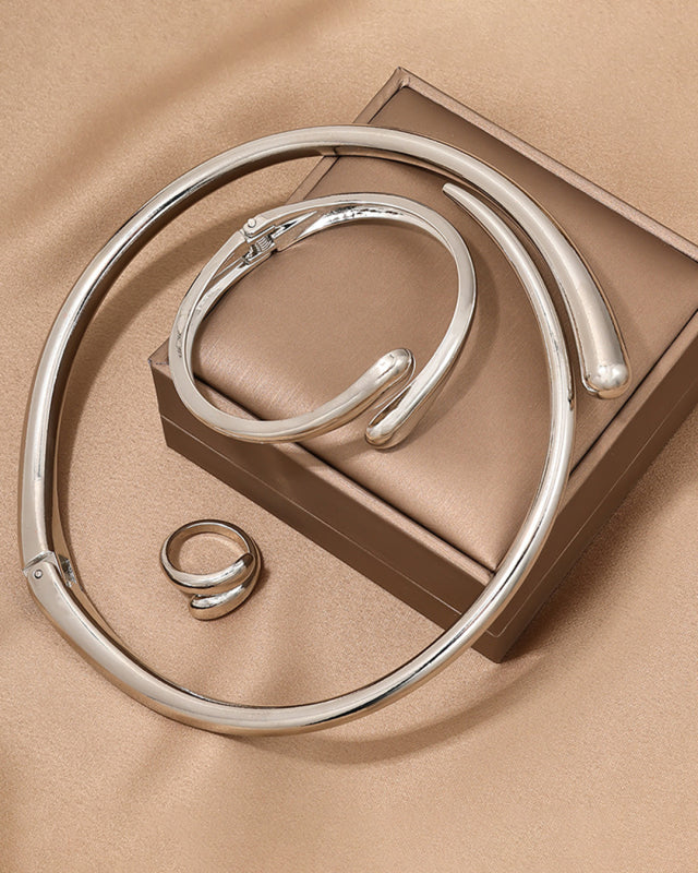 Women's Fashionable and simple heavy metal temperament geometric ring smooth female collar bracelet ring jewelry three-piece set