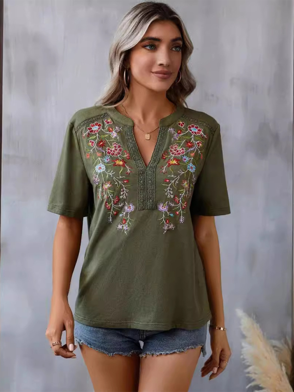 Women's fashion embroidery stitching lace top