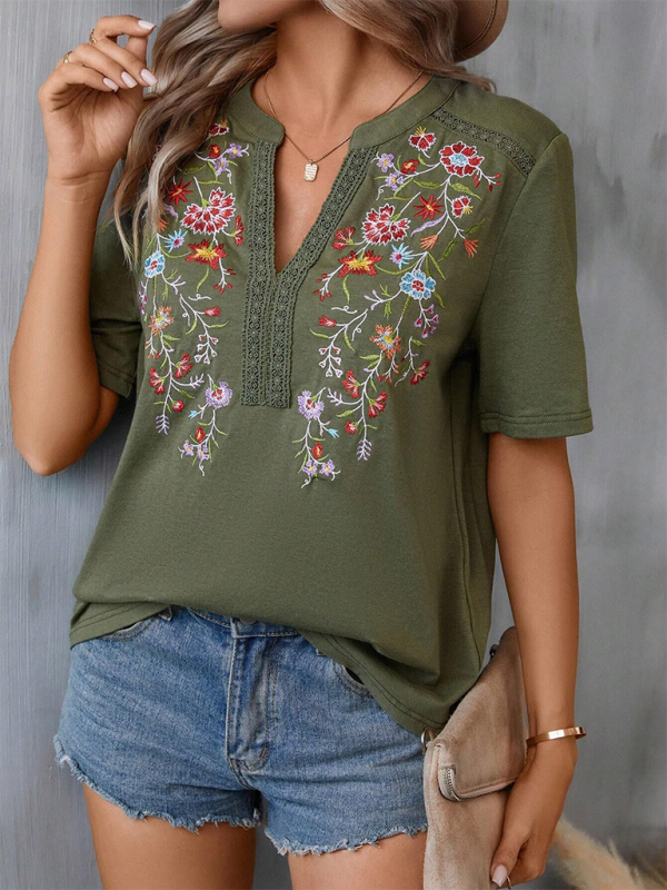 Women's fashion embroidery stitching lace top