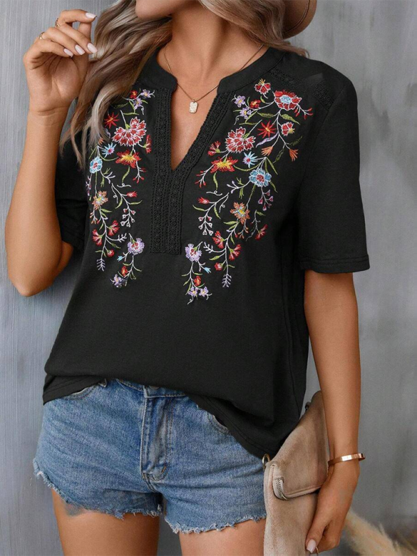 Women's fashion embroidery stitching lace top