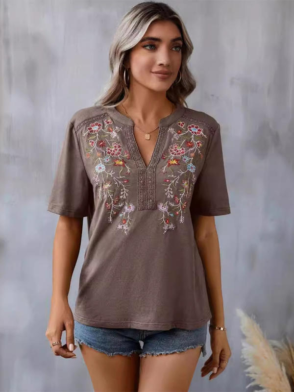 Women's fashion embroidery stitching lace top