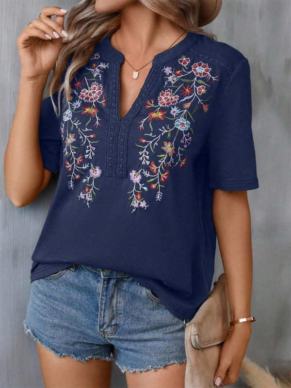 Women's fashion embroidery stitching lace top