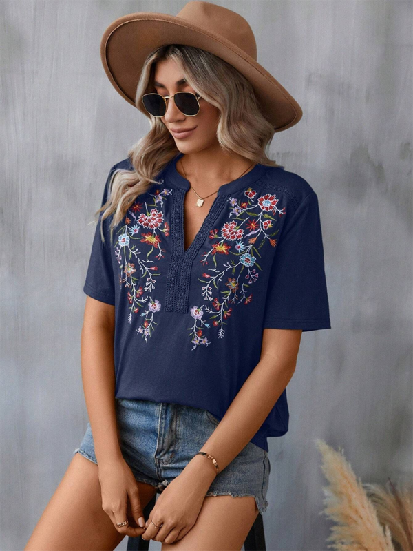 Women's fashion embroidery stitching lace top