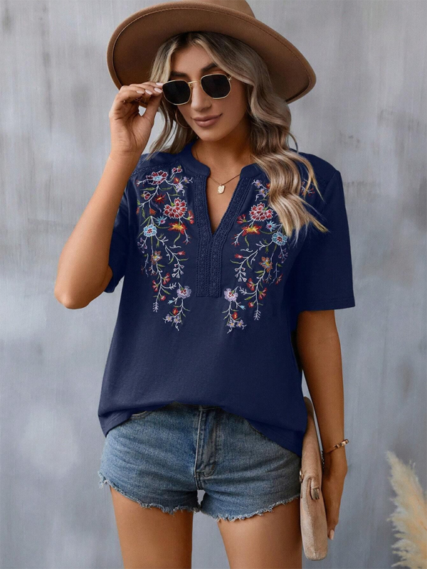 Women's fashion embroidery stitching lace top