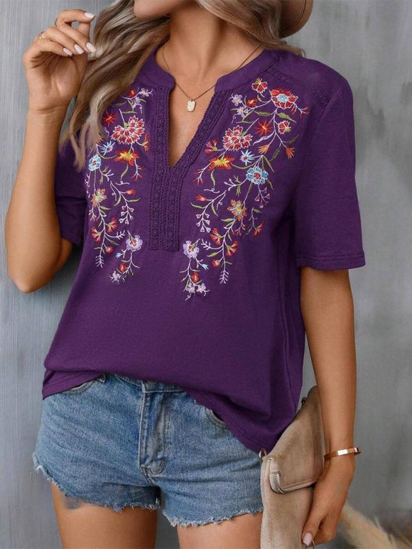 Women's fashion embroidery stitching lace top