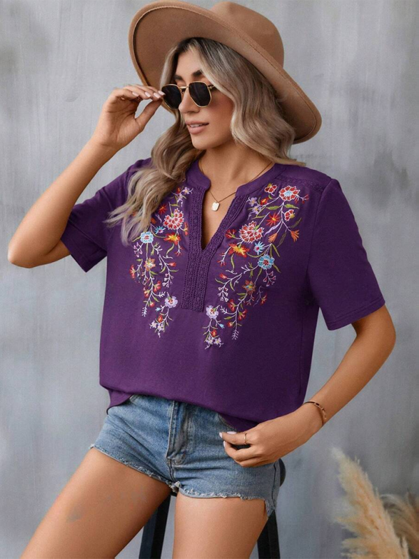 Women's fashion embroidery stitching lace top