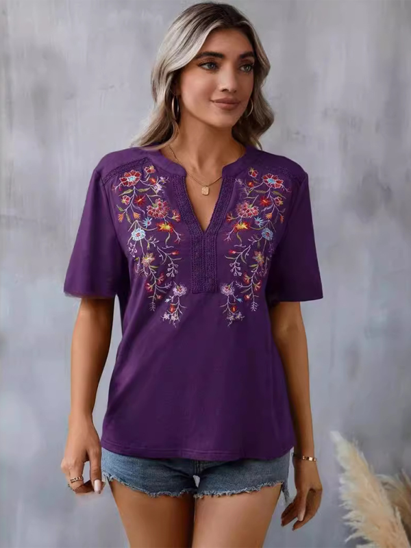 Women's fashion embroidery stitching lace top