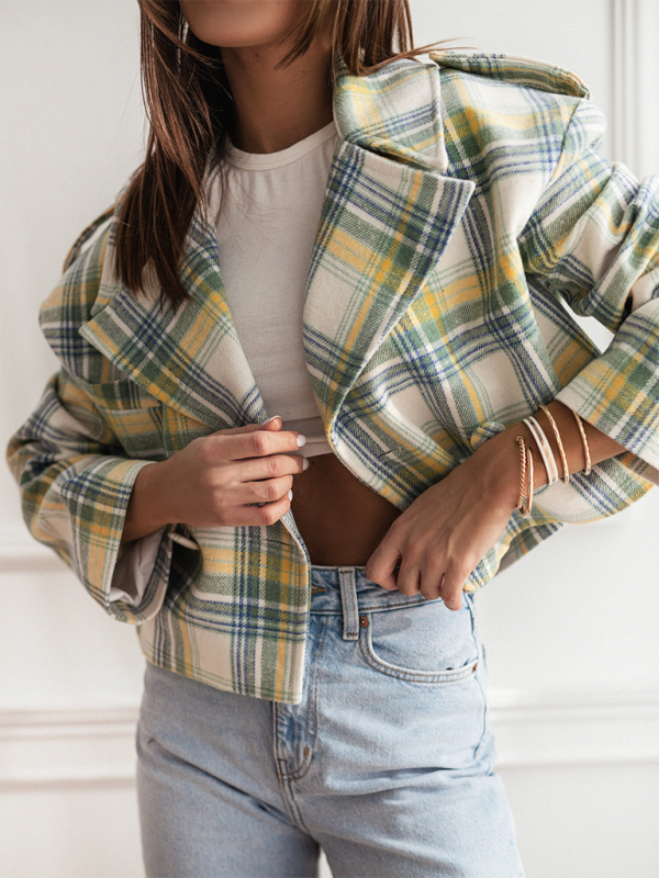 Women's fashionable British style suit collar plaid woolen coat