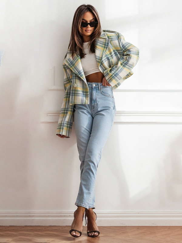 Women's fashionable British style suit collar plaid woolen coat