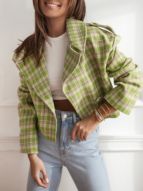 Women's fashionable British style suit collar plaid woolen coat