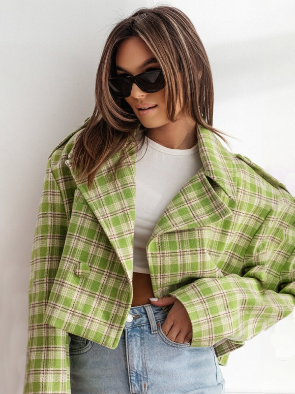 Women's fashionable British style suit collar plaid woolen coat