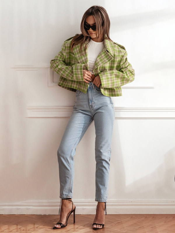 Women's fashionable British style suit collar plaid woolen coat