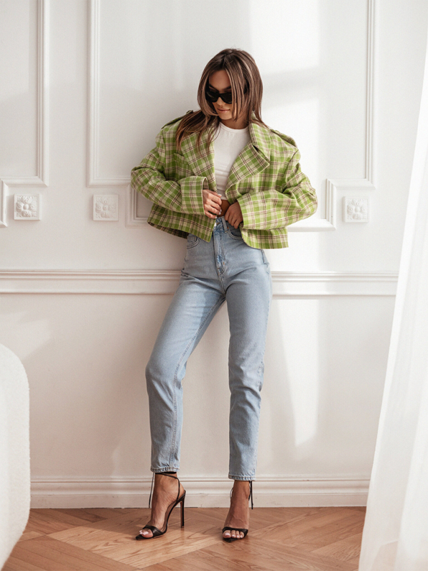 Women's fashionable British style suit collar plaid woolen coat