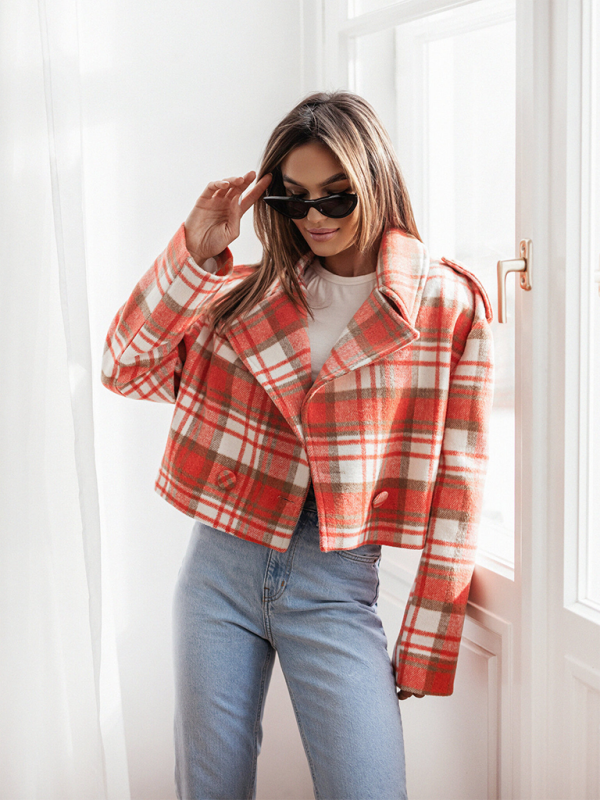 Women's fashionable British style suit collar plaid woolen coat