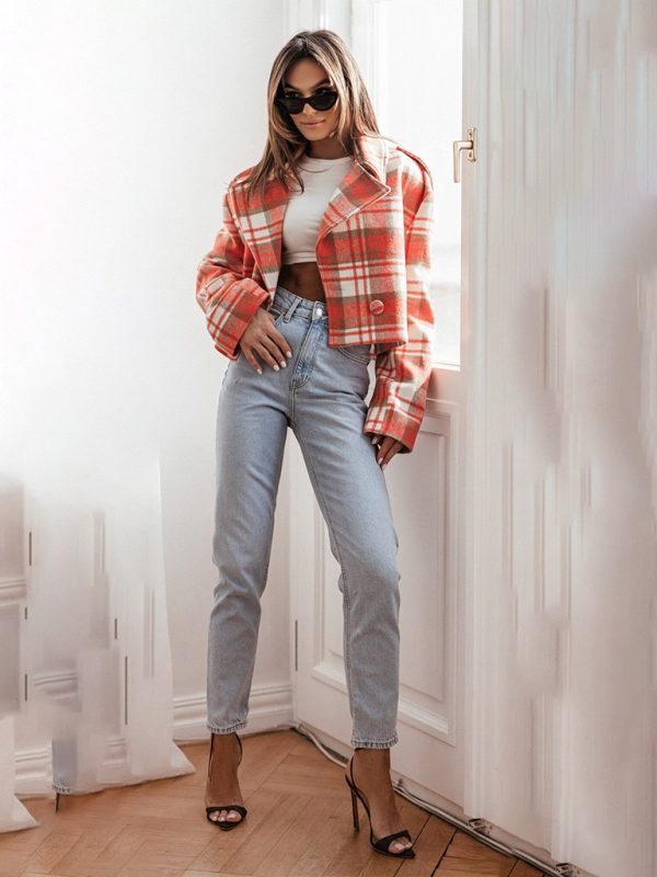 Women's fashionable British style suit collar plaid woolen coat