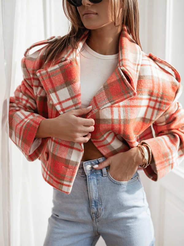 Women's fashionable British style suit collar plaid woolen coat