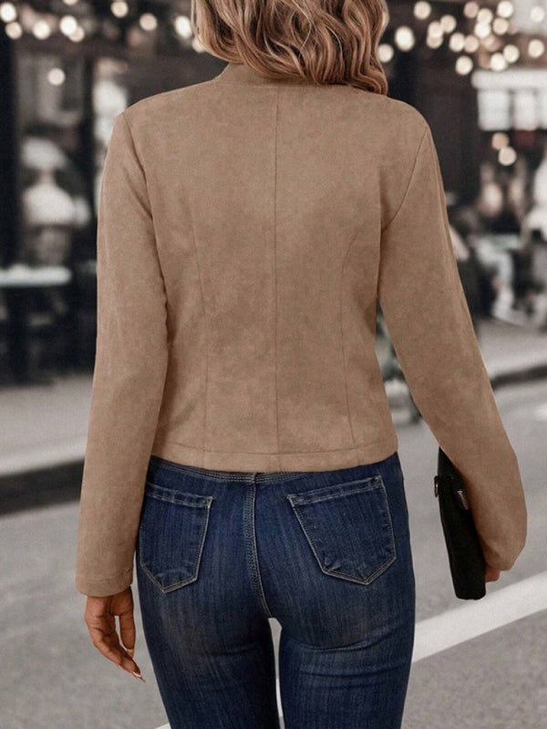 Women's solid color double-breasted decorative jacket deerskin velvet vintage long-sleeved coat