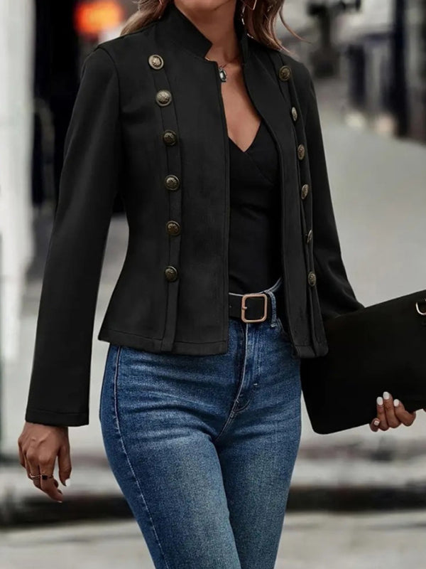 Women's solid color double-breasted decorative jacket deerskin velvet vintage long-sleeved coat