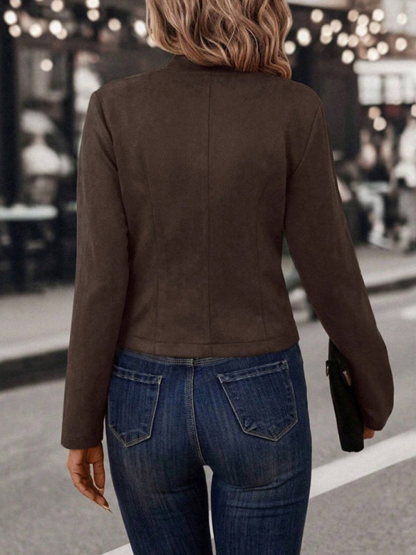 Women's solid color double-breasted decorative jacket deerskin velvet vintage long-sleeved coat