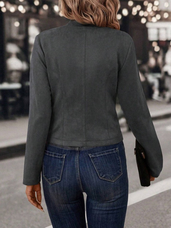 Women's solid color double-breasted decorative jacket deerskin velvet vintage long-sleeved coat