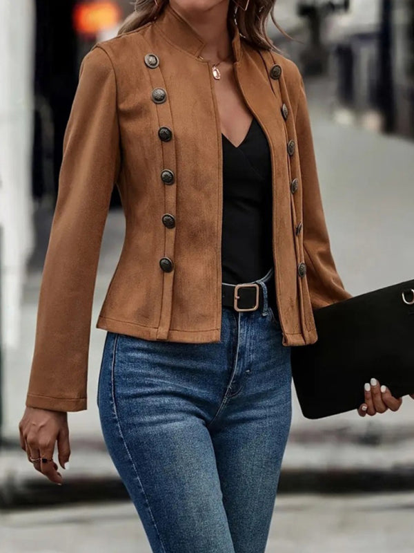 Women's solid color double-breasted decorative jacket deerskin velvet vintage long-sleeved coat