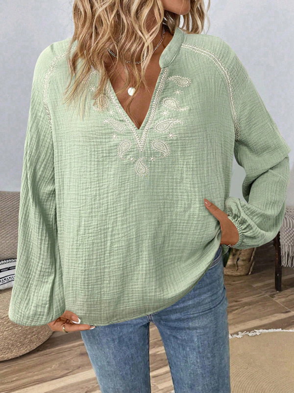 Ethnic style casual V-neck embroidered cotton top