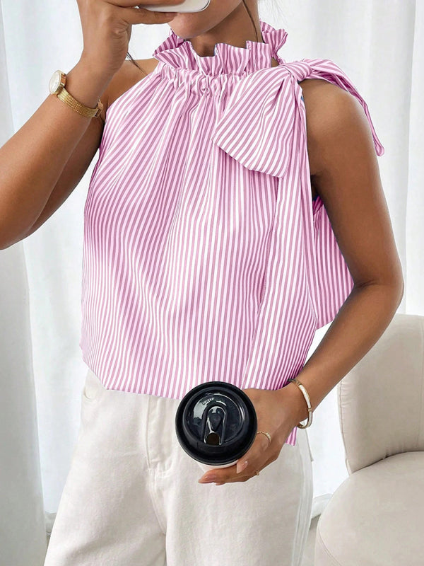 Fashionable and casual sleeveless striped high-neck tie-knot shirt