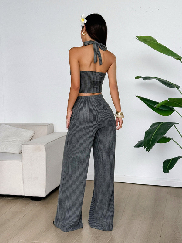 Women/Teen Sexy hot halterneck vest solid color straight pants set