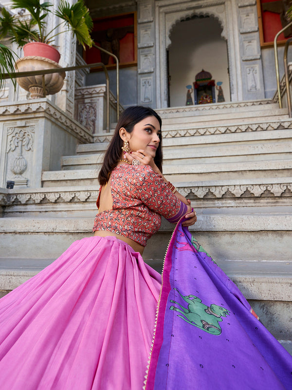 Peach Color Kalamkari With Foil Work Tussar Silk Lehenga Choli - Image 4