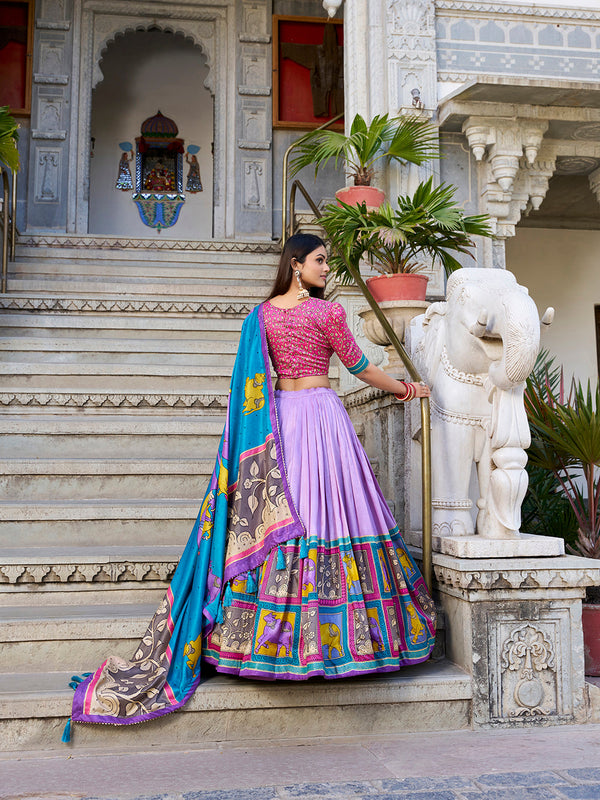 Lavender Color Kalamkari With Foil Work Tussar Silk Lehenga Choli - Image 3