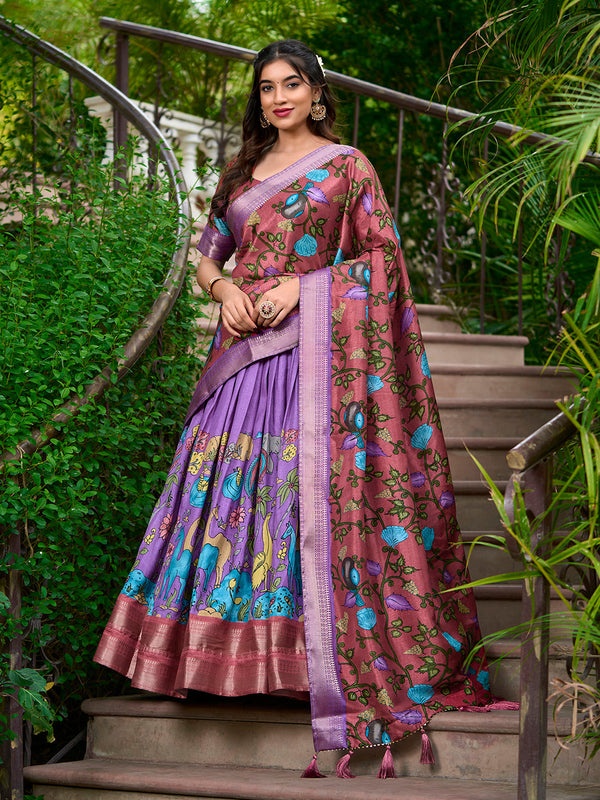 Lavender Color Kalamkari Print With Zari Weaving Dola Silk Voni Lehenga Choli - Image 1