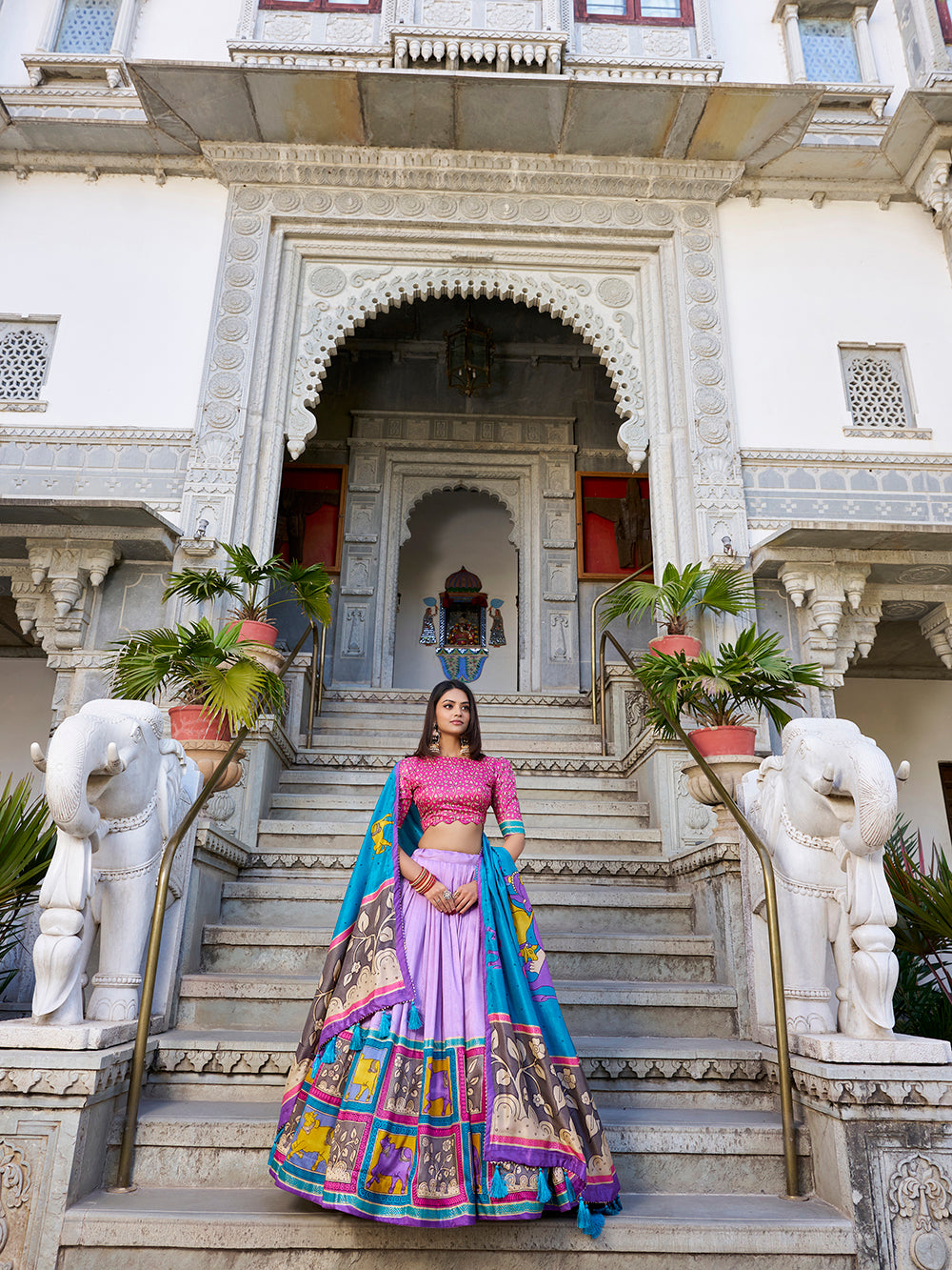 Lavender Color Kalamkari With Foil Work Tussar Silk Lehenga Choli