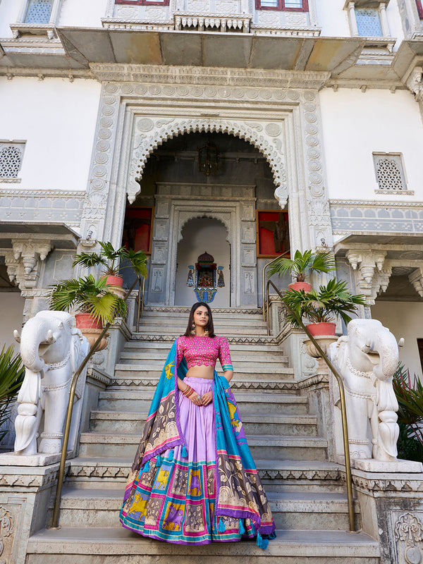 Lavender Color Kalamkari With Foil Work Tussar Silk Lehenga Choli - Image 2