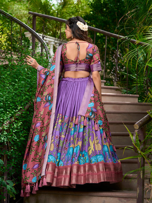 Lavender Color Kalamkari Print With Zari Weaving Dola Silk Voni Lehenga Choli - Image 2