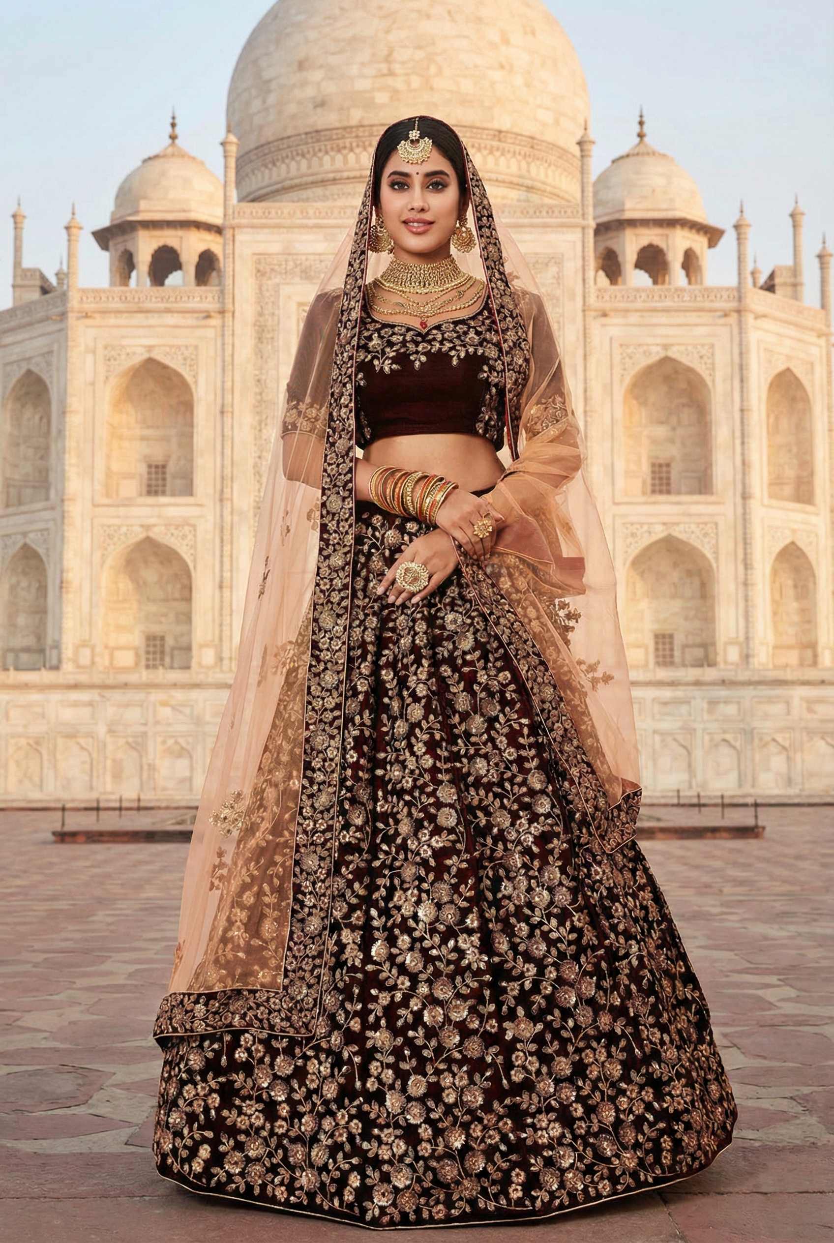 Maroon Embroidery Velvet Indian Lehenga Choli