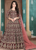 Maroon Faux Georgette Embroidered Indian Anarkali Suit