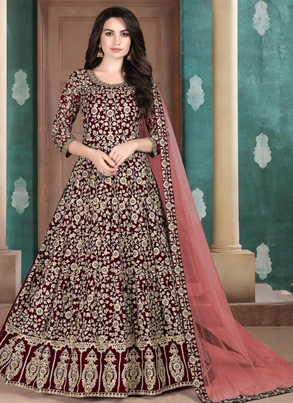 Maroon Faux Georgette Embroidered Indian Anarkali Suit