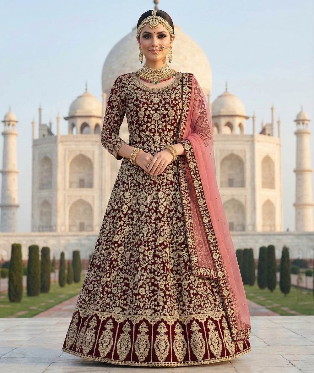 Maroon Faux Georgette Embroidered Indian Anarkali Suit