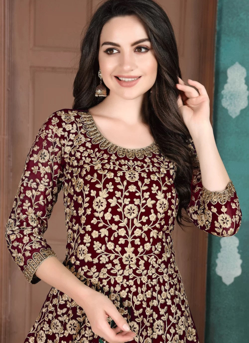 Maroon Faux Georgette Embroidered Indian Anarkali Suit