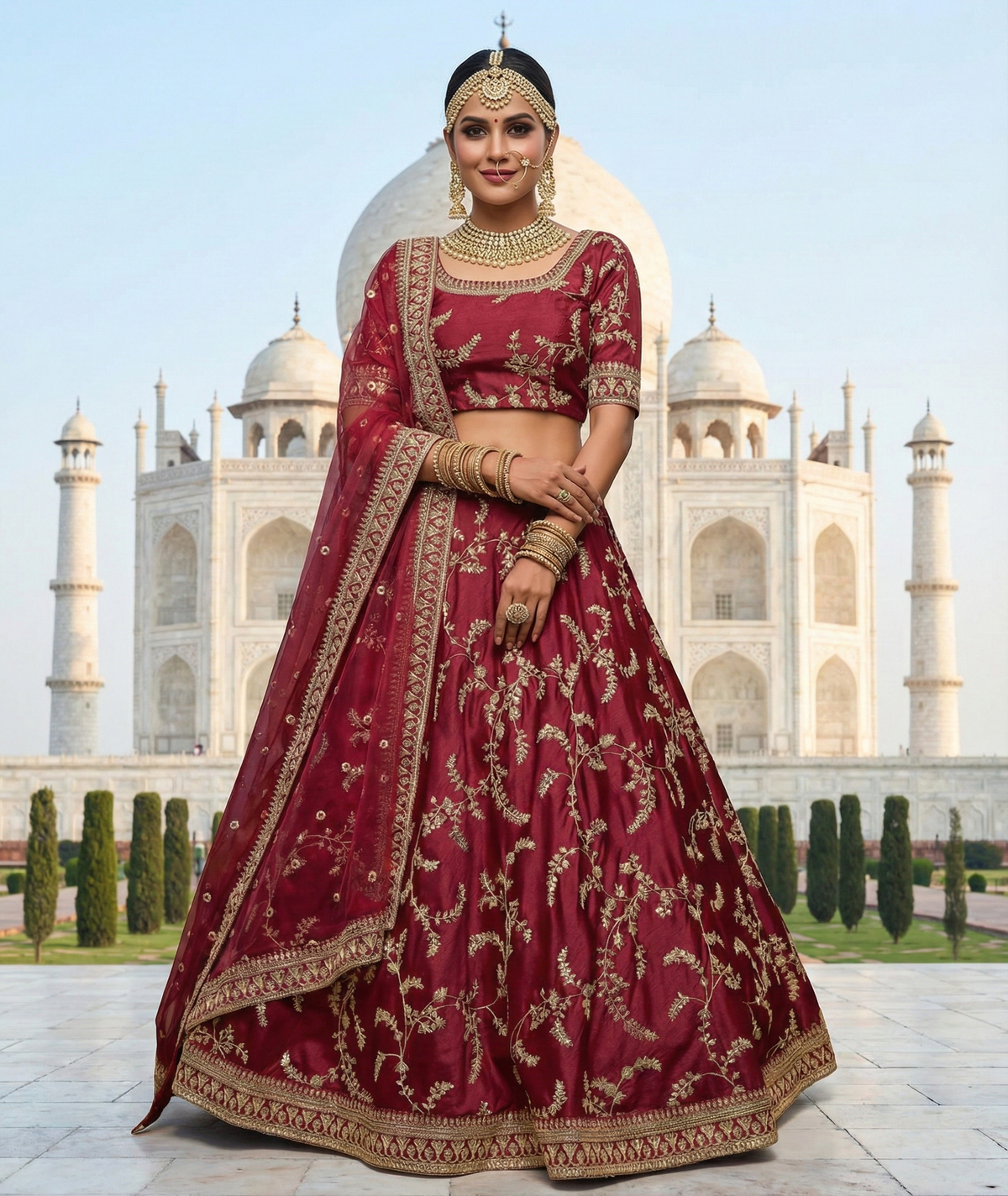 Maroon Thread Embroidered Silk Wedding Wear Lehenga Choli