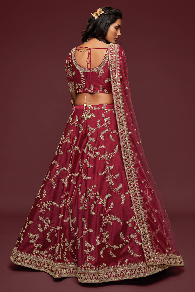 Maroon Thread Embroidered Silk Wedding Wear Lehenga Choli