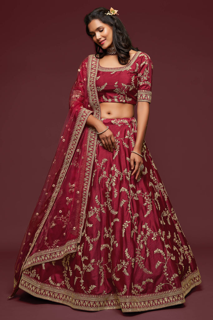 Maroon Thread Embroidered Silk Wedding Wear Lehenga Choli