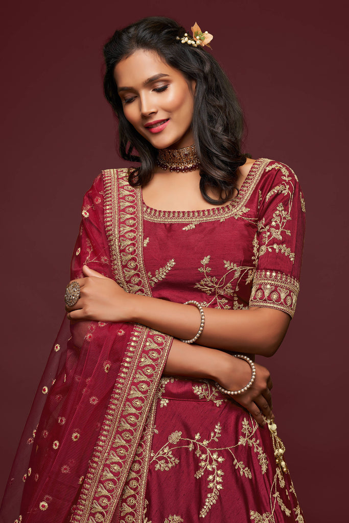 Maroon Thread Embroidered Silk Wedding Wear Lehenga Choli